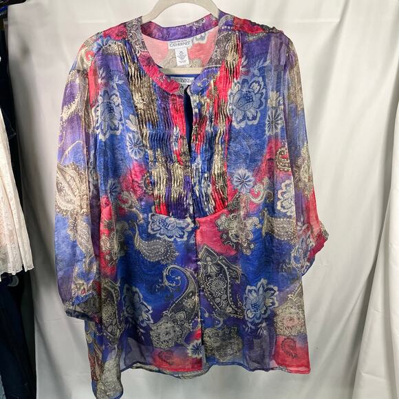Maggie Barnes Catherines 3X Sheer Blouse Tank Set Paisley Floral Button Front - Picture 15 of 15